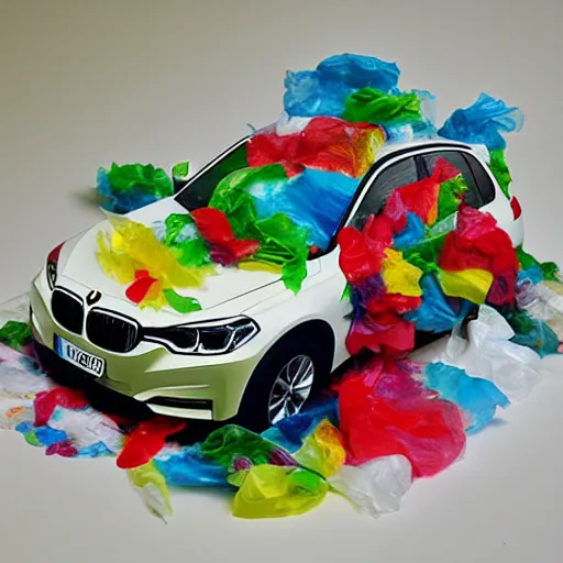 Image similar to bmw hatchback made of tissue paper, tissue paper art