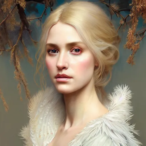 Image similar to portrait painting of a beautiful blonde woman with a kind face wearing a feathered cloak and a fancy silk white dress, ultra realistic, concept art, intricate details, eerie, highly detailed, photorealistic, octane render, 8 k, unreal engine. art by artgerm and greg rutkowski and charlie bowater and magali villeneuve and alphonse mucha