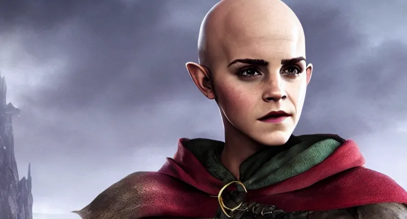 Image similar to promotional image of emma watson as a bald elf in dragon age : inquisition, hyperrealistic, detailed face, movie still, promotional image, imax 7 0 mm footage