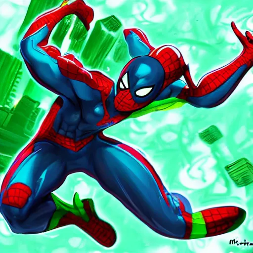 Image similar to splash art of a cool beautiful green and cyan spiderman in a stylish pose in the style of the league of legends splash art, digital art by Michelle Hoefener