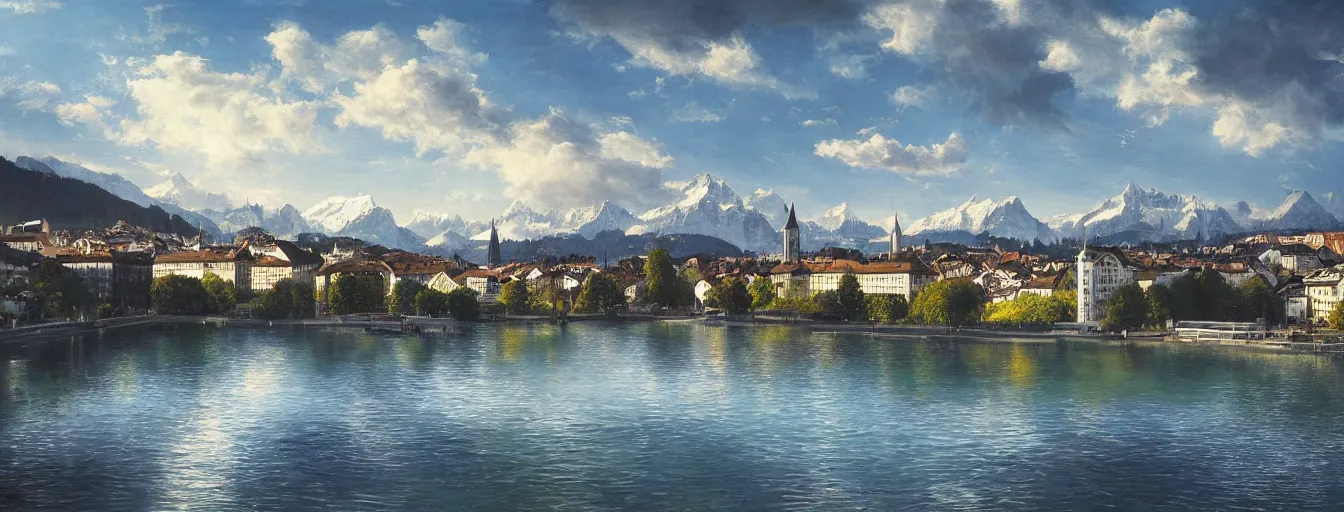 Image similar to Digital painting of Zurich, Limmat and the lake, wide angle, volumetric light, caribean water, hyperdetailed, Alps in the background, artstation, cgsociety, 8k