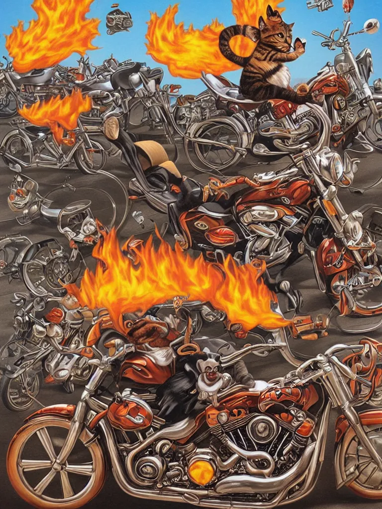 Image similar to a cat riding Harley Davidson on fire Mark Ryden and Alex Gross, Todd Schorr highly detailed