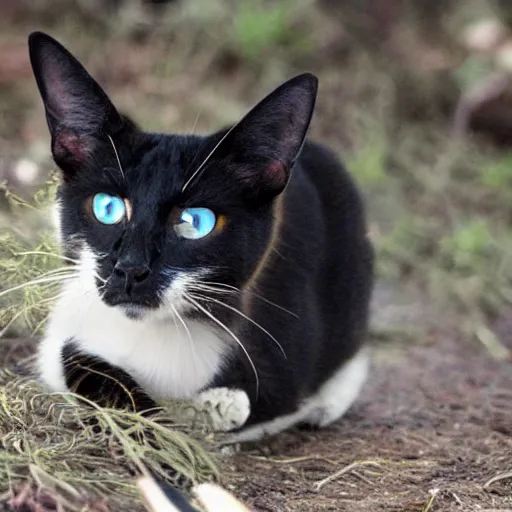 Prompt: a black and blue feral cat