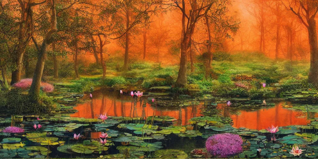 Prompt: a big fat orange cat near a mirror like pond, by alan lee, colorful clothing, springtime flowers and foliage in full bloom, lotus flowers on the water, dark foggy forest background, sunlight filtering through the trees, digital art, art station.