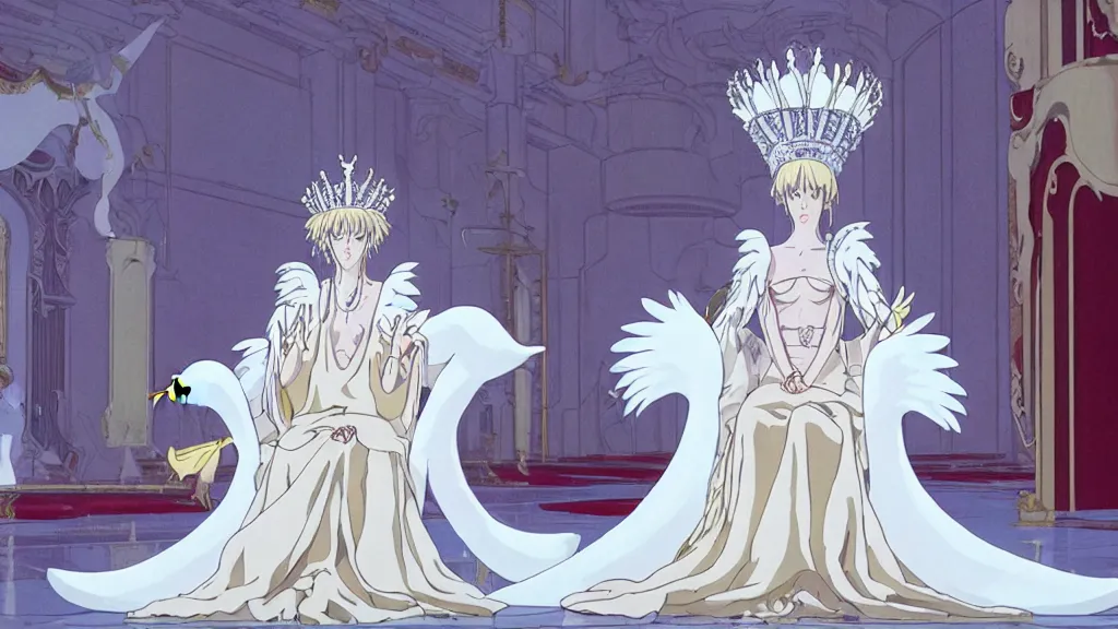 Prompt: a queen dressed as a white swan, wearing a swan mask, sitting in her white stone throne room, anime film still from the an anime directed by katsuhiro otomo with art direction by salvador dali, wide lens