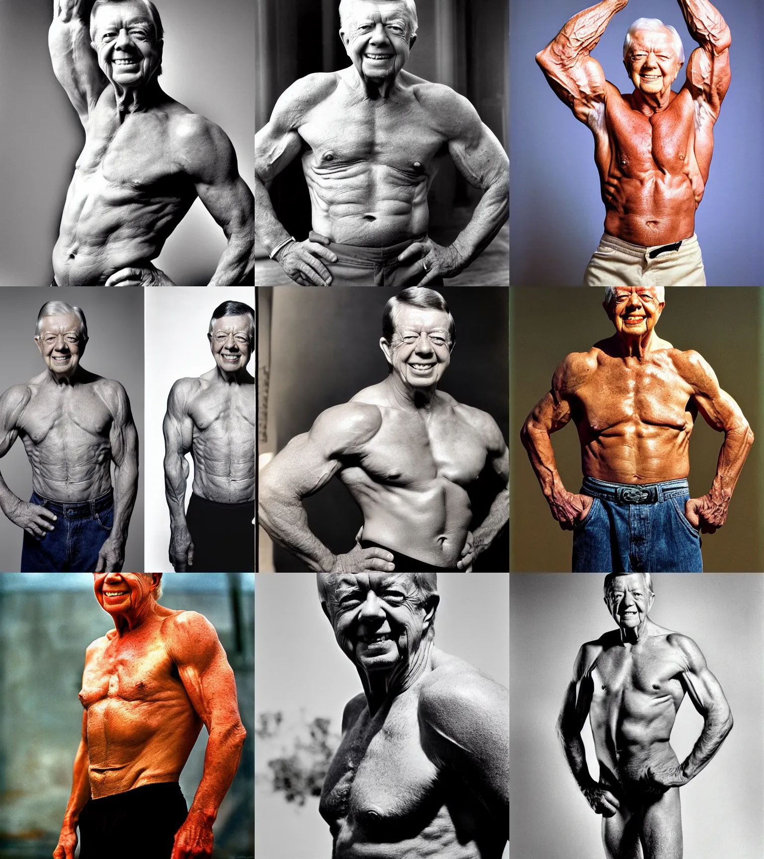 Prompt: young 4 0 year old jimmy carter, herculean, gigachad muscular, toned, shading, posing and flexing, professional portrait by steven mccurry
