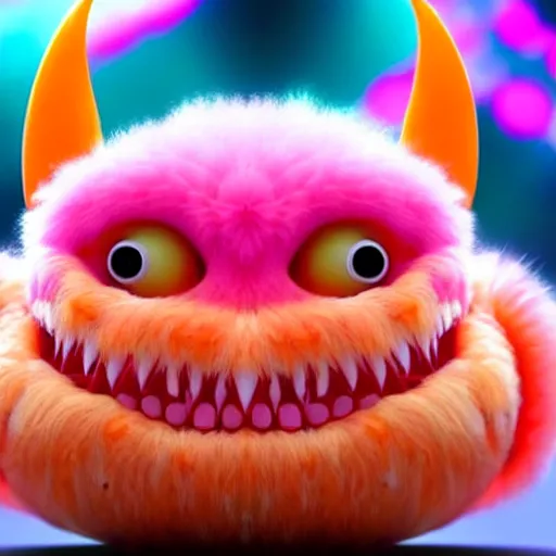 Image similar to an alien with a face that looks like a fuzzy peach the peach is fuzzy pink warm and ripe the alien has horns and a mean smile the alien has chicken feet cruel smile, 4k, highly detailed, high quality, amazing, high particle effects, glowing, majestic, soft lighting, detailed background