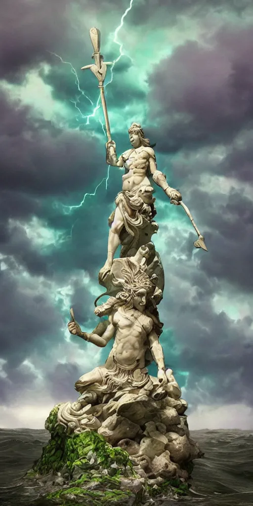 Image similar to gigantic marble statue of the god of the sea wielding a trident on an island. roiling waves at the base. scene lit by lightning. thunderclouds in the background. fantasy setting. magicians praying to the statue. purples and greens. fantasy aesthetic. extremely detailed. 4 k. digital art.