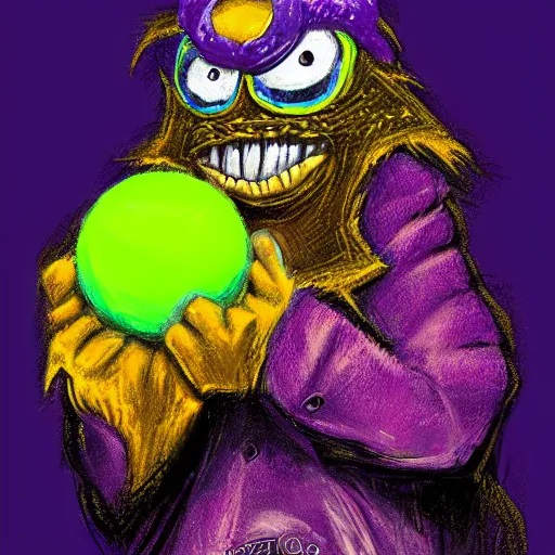 Image similar to a g. 0 ree. 0. tennis ball monster in a purple pimp coat, black and gold, digital art, fantasy, magic, chalk, trending on artstation, ultra detailed, professional illustration by basil gogos