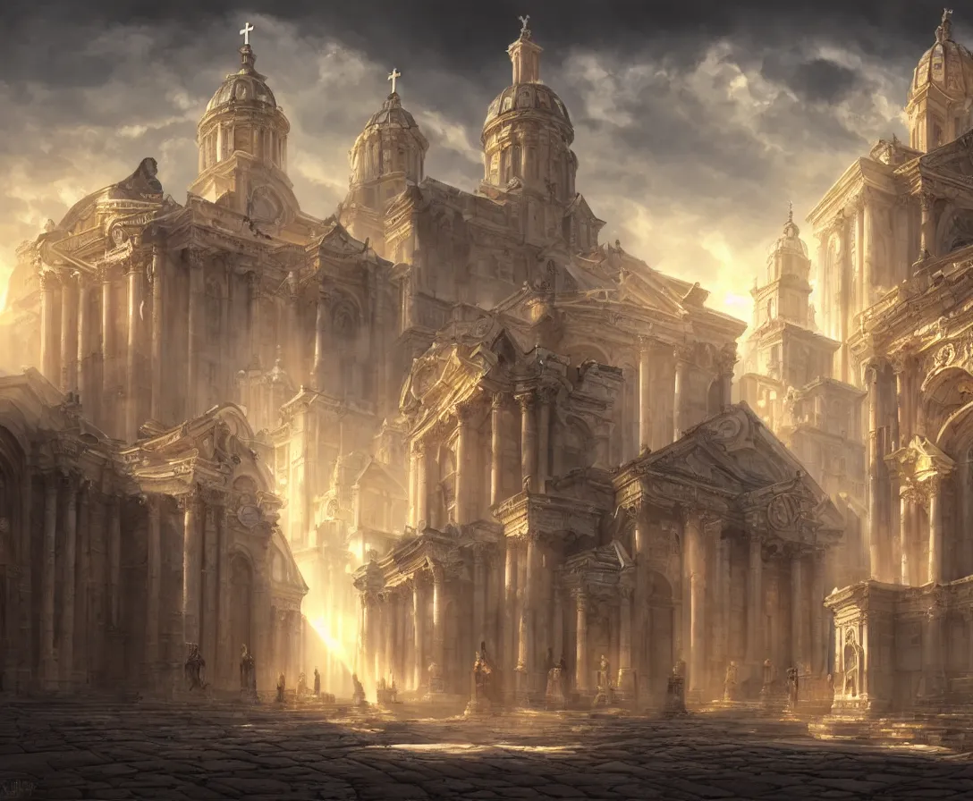 Image similar to highly detailed concept art of authoritarian pearly white medieval city, roman architecture with religious iconography, sunbeams, digital painting, fantasy, d & d, beautiful, illustration