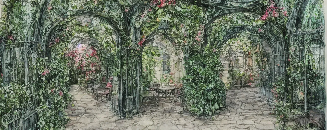 Image similar to courtyard walkway in an overgrown castle, sunny, stairway, chairs, wrought iron gate, tree, delicate, botanic garden, garden road, temple in a botanical herbarium paper, watercolor colored painting, iridescent colors, 8 k, realistic shaded, fine details, artstation, italian style, colonnade, huge flower