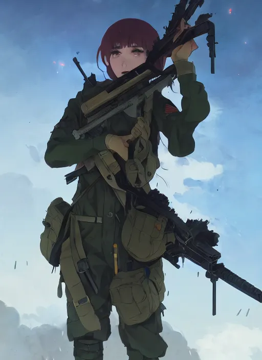 Image similar to portrait of soldier girl killing her enemy, black sky background lush landscape illustration concept art anime key visual trending pixiv fanbox by wlop and greg rutkowski and makoto shinkai and studio ghibli and kyoto animation soldier clothing military gear realistic anatomy mechanized