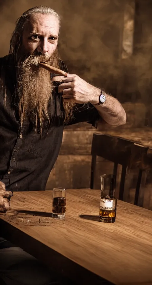 Image similar to man sitting alone at a large table, smoking a cigar and drinking whiskey with long hair and a dirty ripped white shirt, horror, gothic, lovecraftian, 4 k, realistic, high detail, gruesome