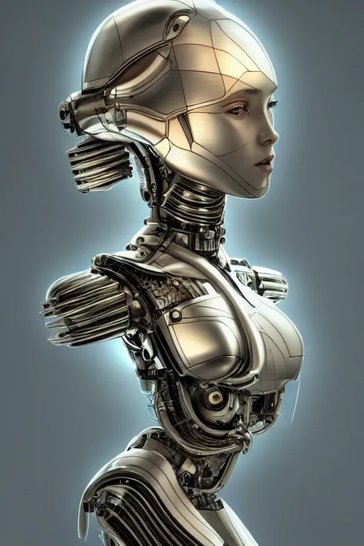 Image similar to Mechanical female android looking, cinematic lighting, intricate, elegant, super highly detailed, art station, concept art, smooth, sharp focus, no blur, no dof, extreme illustration, Unreal Engine 5, Photorealism, HD quality, 8k resolution, cinema 4d, 3D, beautiful, delicate, art by artgerm and greg rutkowski and alphonse mucha and loish and WLOP