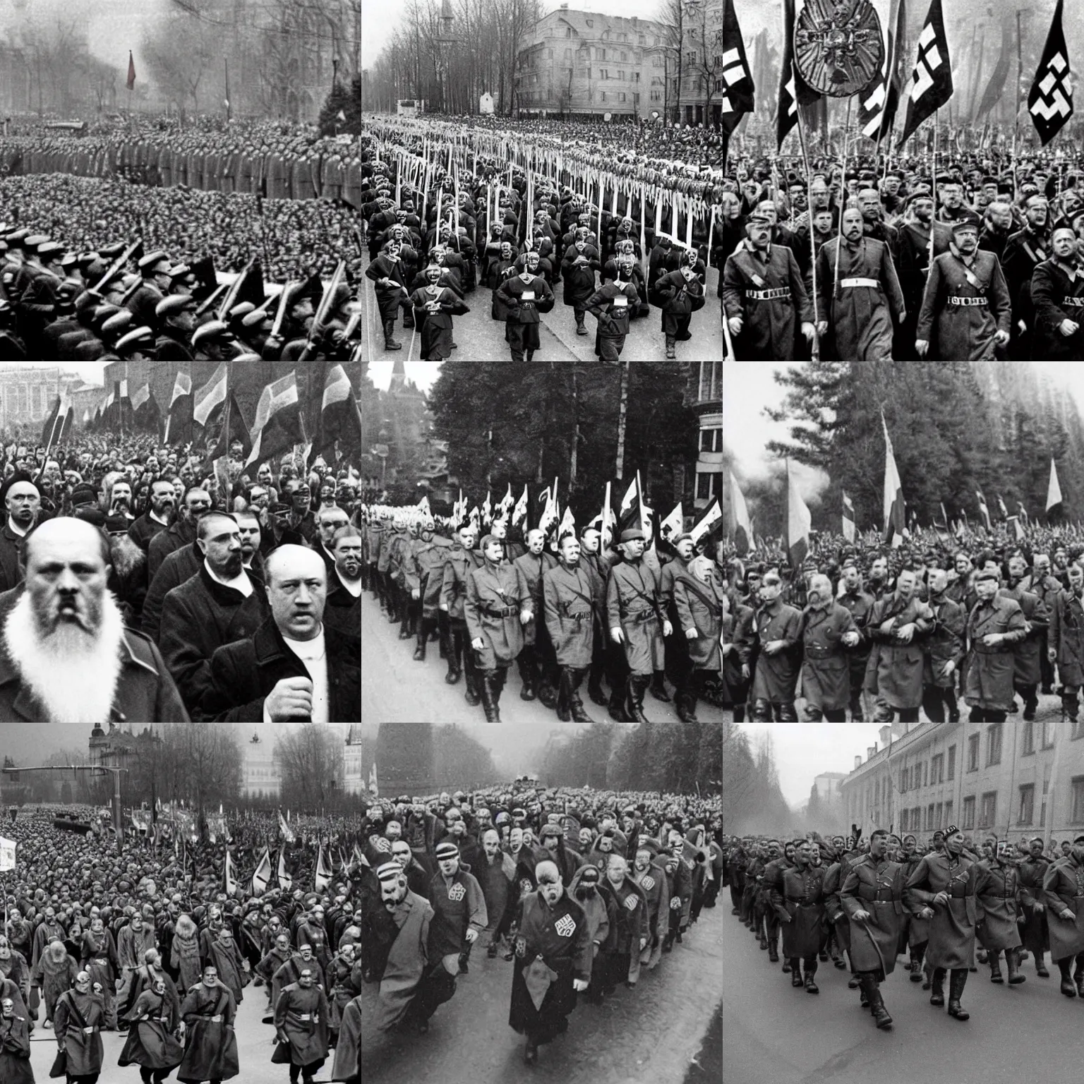 Prompt: march of russian orthodox nazis with hitler in the head
