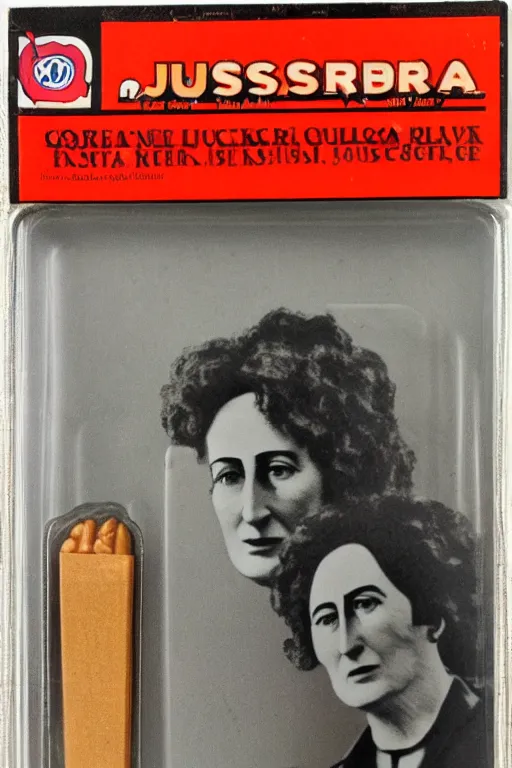 Prompt: Color photo of 1984 action figure of Rosa Luxemburg, mint condition, still with packaging