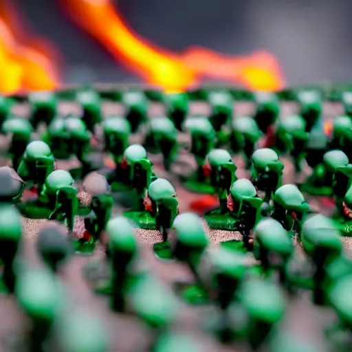 Image similar to 5 green plastic toy soldiers in set on fire with fuel . close up. DOF 100mm. F/1.8 45 45 degrees angle