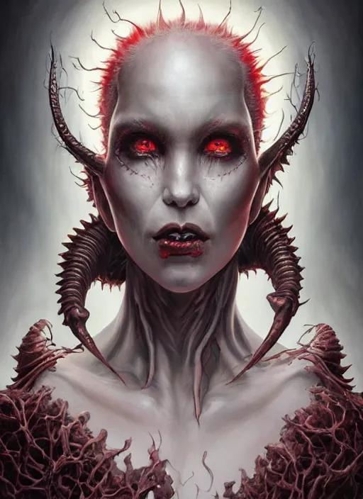 Image similar to a hyper detailed full face portrait of human transforming into the queen of blades, horror, sideshow figurines, diablo 4 lilith, by yusuke murata, by hiroya oku, by dorian cleavenger, by tom bagshaw, by zdzisław beksinski, trending on artstation