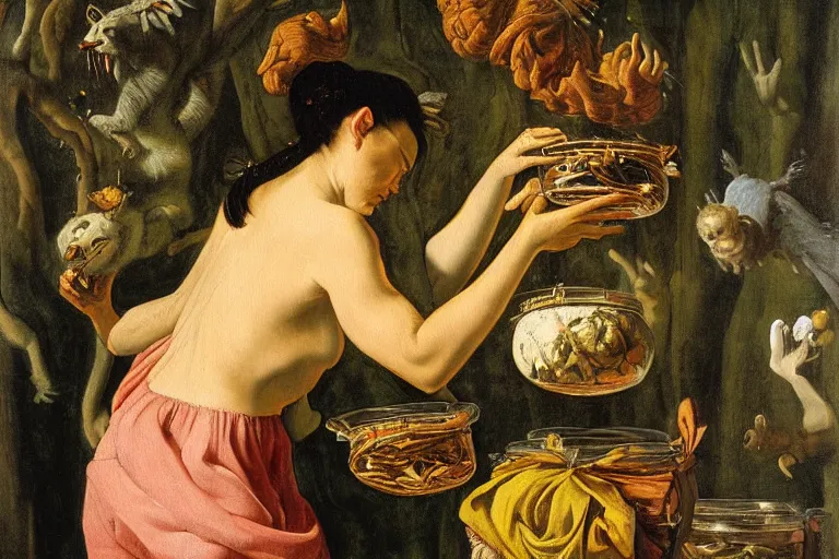 Prompt: a painting of pandora opening her jar, releasing insects and critters that impersonate sickness and death, personification of misery in the style of realism and artemisia gentileschi, she is fully dressed
