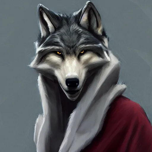 Prompt: an anthropomorphic wolf, artstation hq, stylized, sharp focus, concept art, furaffinity fursona, furry, anthropomorphic, by ayami kojima, gregory manchess, greg rutkowski, greg hildebrandt, stylized anthropomorphic wolf in cape and robe, dramatic, ayami kojima