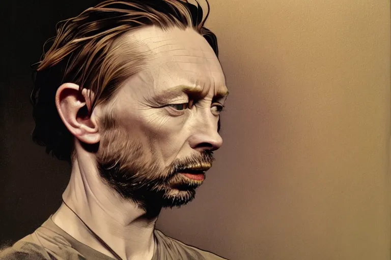 Image similar to hyper realistic portrait of thom yorke tilda swildon, bigger forehead, bigger chin, from the side, by lee bermejo, alphonse mucha and greg rutkowski