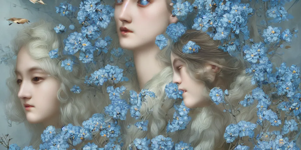 Image similar to breathtaking detailed concept art painting art deco pattern of blonde faces goddesses amalmation light - blue flowers with anxious piercing eyes and blend of flowers and birds, by hsiao - ron cheng and john james audubon, bizarre compositions, exquisite detail, extremely moody lighting, 8 k