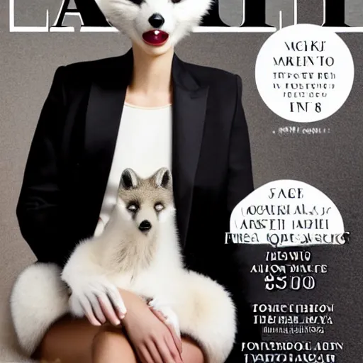 Image similar to fashion magazine cover, featuring anthropomorphic Arctic Fox dressed formally