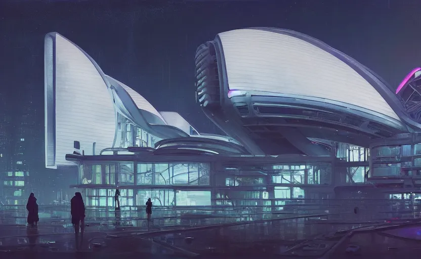 Image similar to painting of a wide angle exterior shot of a white modern futuristic cyberpunk architecture with neon lights in the middle of an english garden with cinematic lighting by peter zumthor and renzo piano, darek zabrocki and greg ruthkowski, alphonse mucha, simon stalenhag and cinematic and blue cold atmospheric, archillect concept art, artstation, trending on artstation