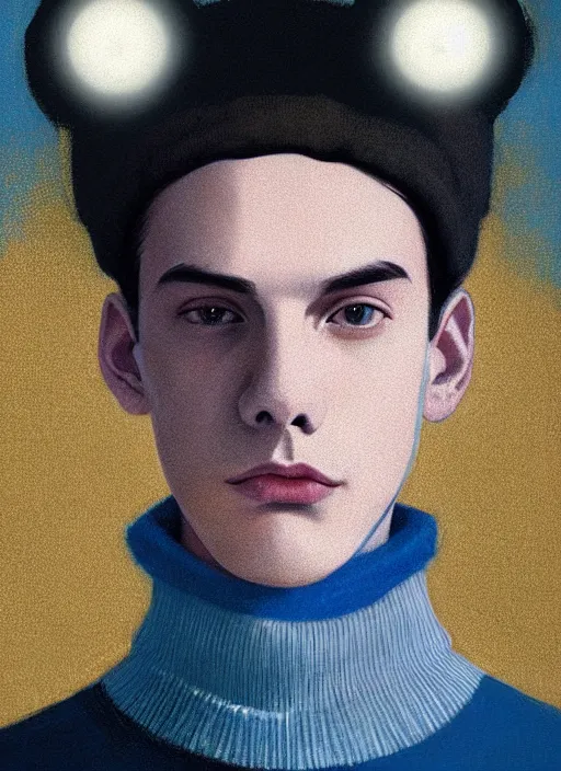 Image similar to portrait of teenage jughead jones wearing a light grey crown, crown, blue turtleneck, 1 9 5 0 s, closed eyes, photorealistic, black hair, glowing lighting, intricate, elegant, glowing lights, highly detailed, digital painting, artstation, concept art, smooth, sharp focus, illustration, art by wlop, mars ravelo and greg rutkowski