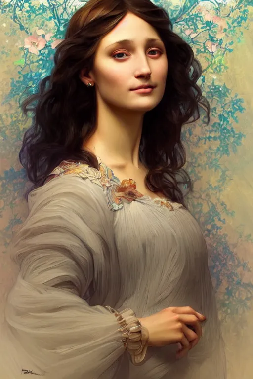 Image similar to beautiful portrait of a woman, not mona lisa pose, intricate, elegant, highly detailed, digital painting, artstation, concept art, smooth, sharp focus, illustration, art by lisa frank and jim lee character portrait artgerm and greg rutkowski and alphonse mucha