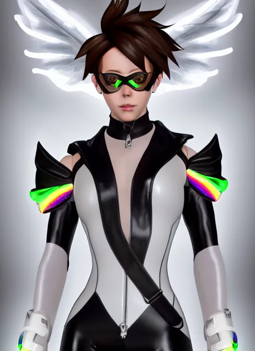 Image similar to portrait bust digital artwork of tracer overwatch, wearing white iridescent rainbow latex and leather straps catsuit outfit, 4 k, expressive happy smug expression, makeup, in style of mark arian, angel wings, wearing detailed black leather collar, chains, black leather harness, detailed face and eyes,