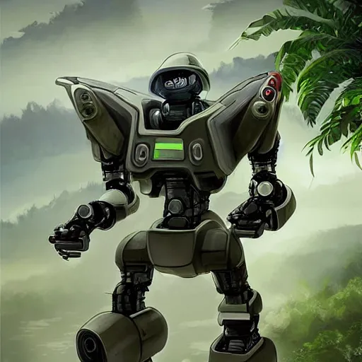 Prompt: futuristic robots war commander ask for air support, in a jungle jeszika le vye heraldo ortega 8 k