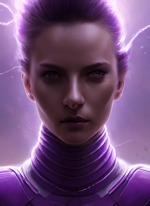 Prompt: top down lighting, close up, stunning portrait of a woman in purple leather sci - fi armor with a long black ponytail, purple eyes, spaceship hallways, intricate, fog, mist, god rays, spotlights, highly detailed, digital painting, artstation, concept art, smooth, sharp focus, illustration, art by wlop, mars ravelo and greg rutkowski