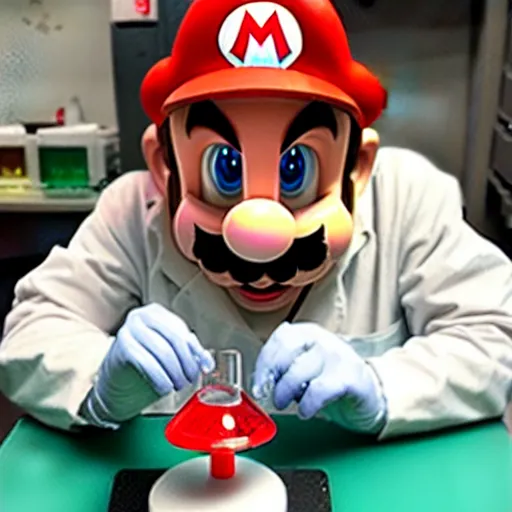 Image similar to Mario in lab doing experiments 🍄