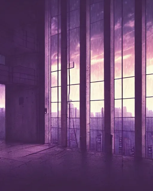 Image similar to a beautiful photorealistic illustration of architecture nature jail abandoned by odile decq, vaporwave postcyberpunk at dawn at dusk, archdaily, wallpaper, highly detailed, trending on artstation.
