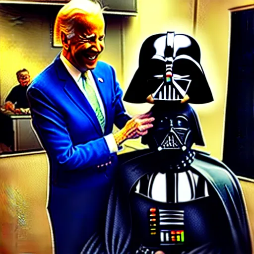 Image similar to “ joe biden getting earth vader helmet put on by machine in pod ”