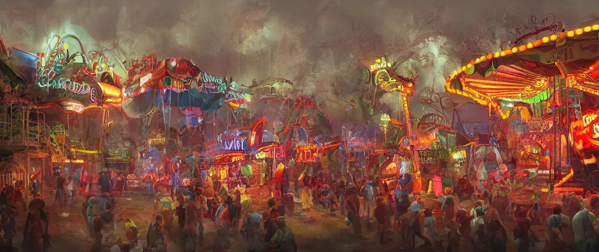 Image similar to a rendered painting of a run down horror carnival, lots of detail, volumetric lighting, concept art, digital painting, trending on artstation, vivid colours