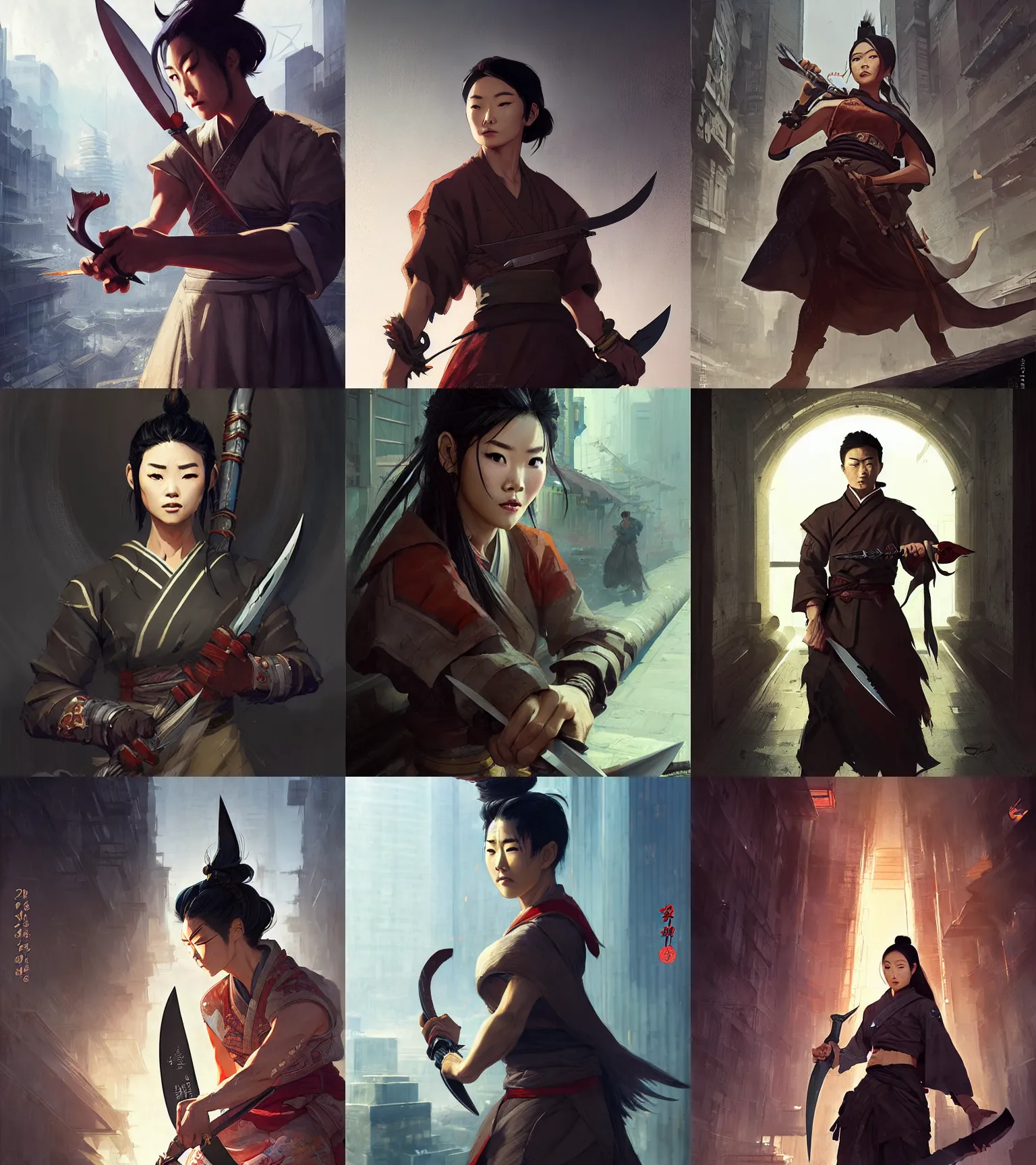 Prompt: a portrait of arden cho chef character with a glaive in a modern korean city by marco bucci and greg rutkowski and frank frazetta, sharp focus, detailed, cinematic, hanbok