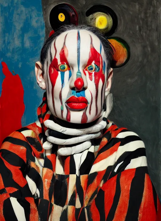 Image similar to portrait of a nervous harlequin sitting on a stool, by vincent lefevre and hernan bas and pat steir and hilma af klint, psychological, photorealistic, symmetrical face, dripping paint, washy brush, threads, rendered in octane, altermodern, masterpiece