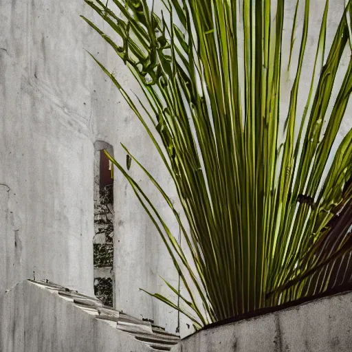 Image similar to noisy color photograph of a concrete underground retrofuturist liminal space, staggered terraces, palm tree growing out of concrete, deformations, minimalist, cinematic, soft vintage glow