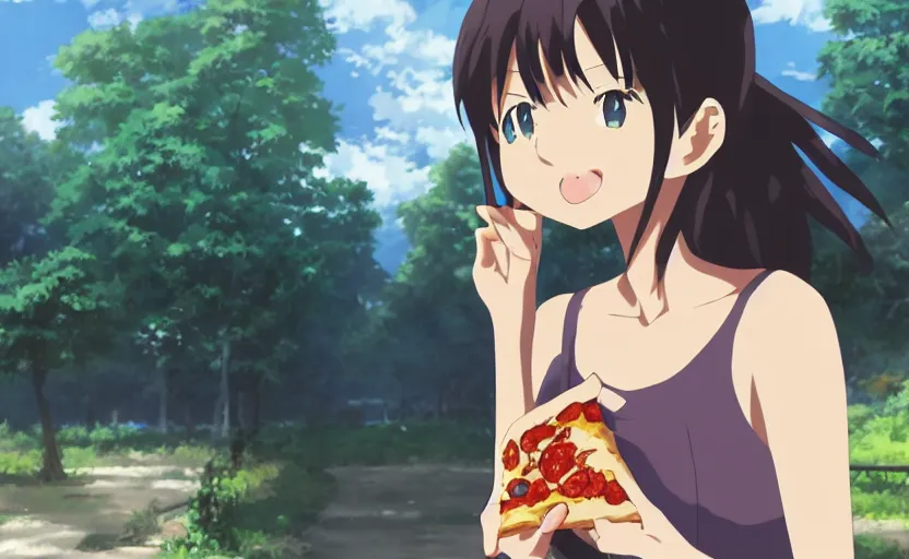 Prompt: An anime girl eating a slice of pizza, savoring the flavor, anime scenery by Makoto Shinkai, digital art