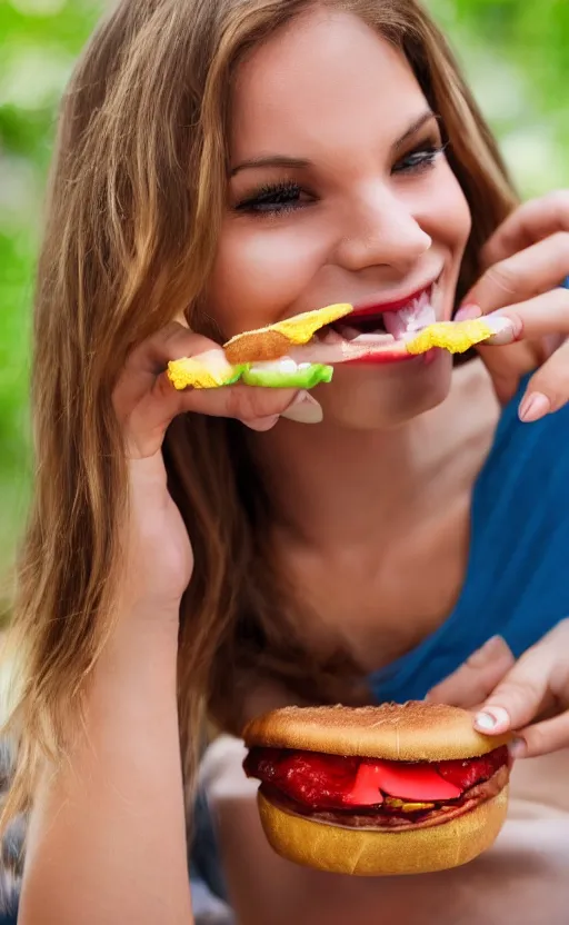 Prompt: amazing beautiful photo of a beautiful woman enjoying a delicious mean. vibrant in colors, very funny, personal, positive, visually pleasing and have a human element and a sense of community. high resolution. high quality. hq hd.