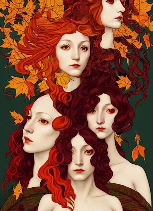 Prompt: 3 Autumn Muses symbolically representing September, October, and November, in a style blending Æon Flux, Peter Chung, Shepard Fairey, Botticelli, Ivan Bolivian, and John Singer Sargent, inspired by pre-raphaelite paintings, shoujo manga, and cool Japanese street fashion, dramatic autumn landscape, leaves falling, deep sunset tones, hyper detailed, super fine inking lines, ethereal and otherworldly, 4K extremely photorealistic, Arnold render