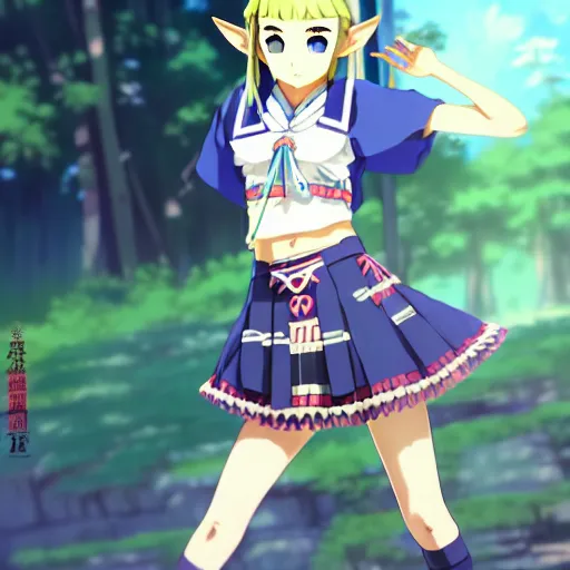 Image similar to a beautiful boyish zelda alluring gravure model, wearing japanese school girl outfit with mayan pattern and native style, modern aztec street fashion, perfect anime face, gapmoe yandere grimdark, trending on pixiv fanbox, painted by greg rutkowski makoto shinkai takashi takeuchi studio ghibli, akihiko yoshida