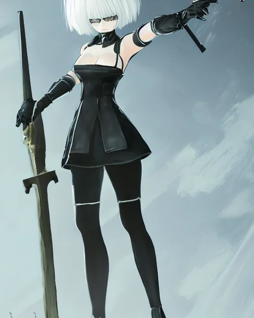 Image similar to 2B from Nier Automata and with slender body type with long hair standing in front of a large building holding a sword, cartoon illustration, trending in artstation, artstationHD, artstationHQ, 8k