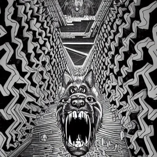 Image similar to a huge howling angry wolf in a huge bright maze of many doorways and lots of stairs, many doorways, inside MC Escher architecture, artstation, Junji Ito, epic composition, detailed background