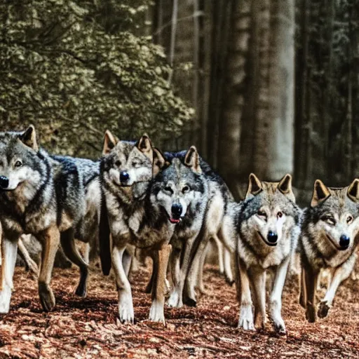 Prompt: a pack of wolves approaching you in a forest