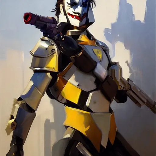 Image similar to greg manchess portrait painting of armored joker as overwatch character, medium shot, asymmetrical, profile picture, organic painting, sunny day, matte painting, bold shapes, hard edges, street art, trending on artstation, by huang guangjian and gil elvgren and sachin teng