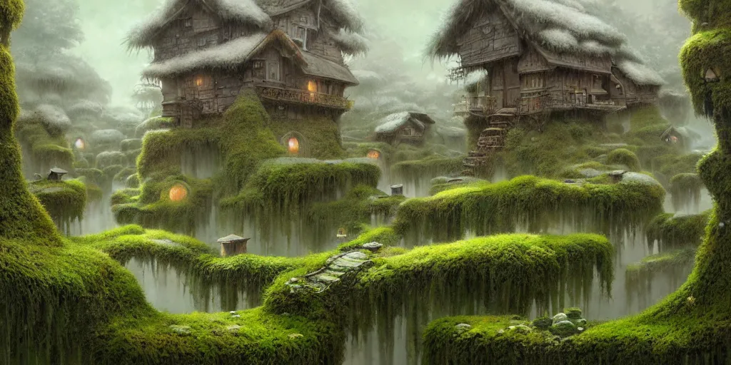 Prompt: a mossy village, dreamy, liminal space illustrated by miyazaki, hiroyuki kato, keisuke goto, highly detailed, concept art, illustration art