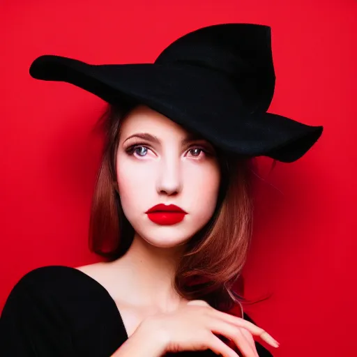 Image similar to fine art portrait photography half - length portrait of stunning girl in a red hat and black dress, kodak portra 4 0 0, 8 k, soft light, volumetric lighting, highly detailed,,